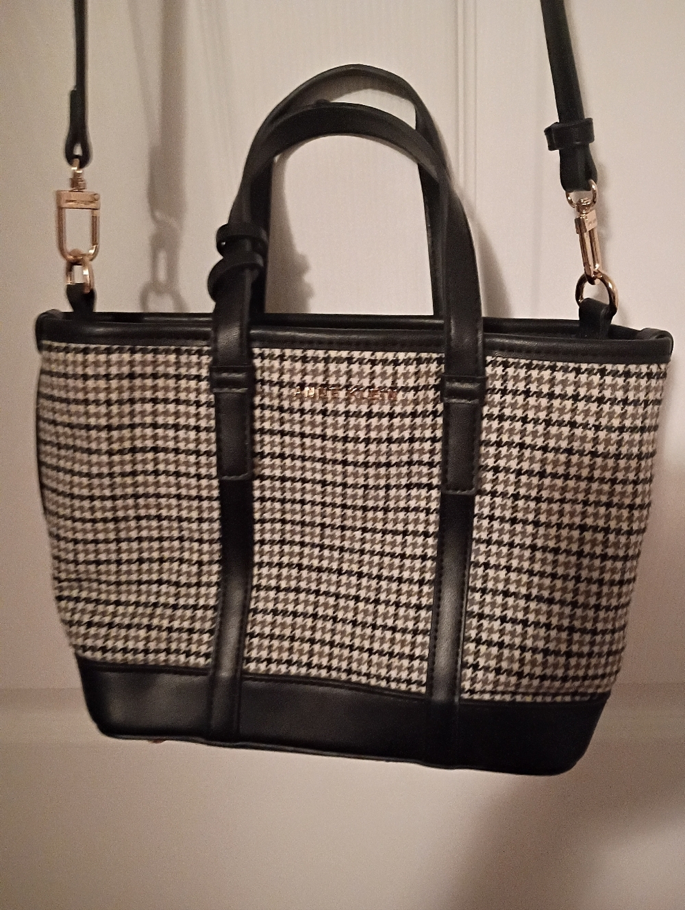Anne Klein Classic Black & White Houndstooth Tote Bag with Leather Trim